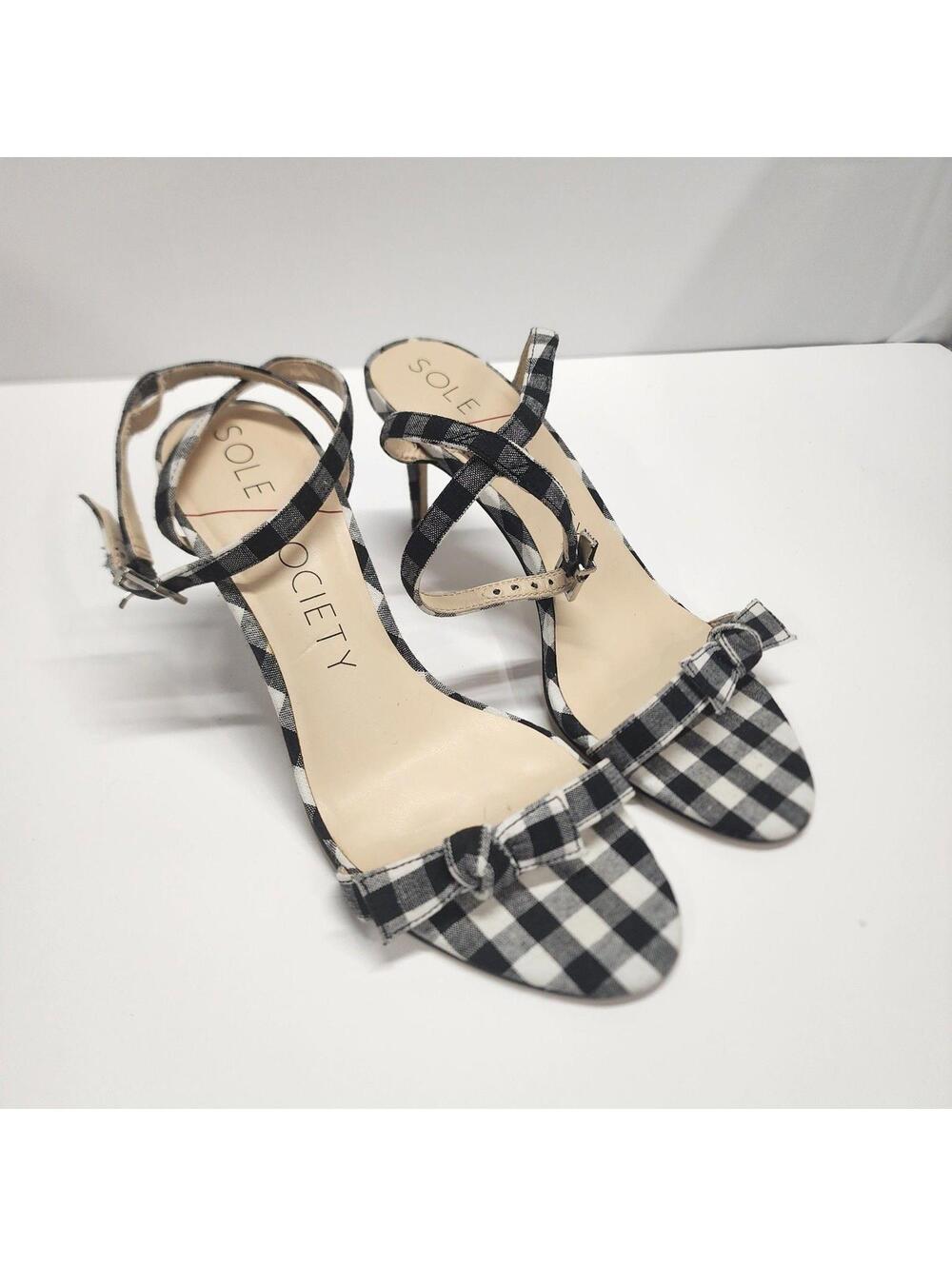 NWOB Sole Society Avrilie gingham black white knot strappy heels 8.5